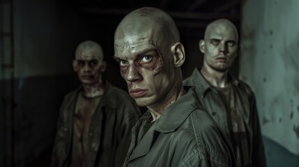 Naklejka premium Three ominous men with bald heads and intense expressions stand in a dark setting, depicting a tense, eerie atmosphere.