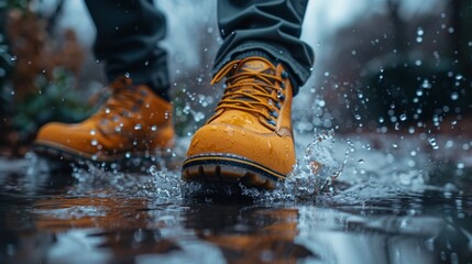 Person walking in rain with bright yellow boots