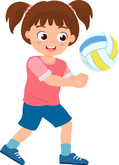 Little girl playing volleyball. Cute kids doing outdoor activity. Sport and recreation for exercise in children concept. Flat style.