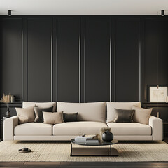 Modern living room with beige couch and black, structured wall