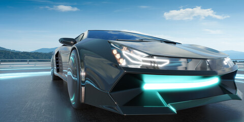 3D EV concept sports car on a modern road with scenic views