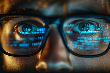 Close-up of a man's eyes reflecting blue stock market data through his glasses