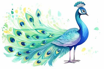 Fototapeta premium A watercolor painting of a peacock with its tail feathers spread out in a fan behind it.