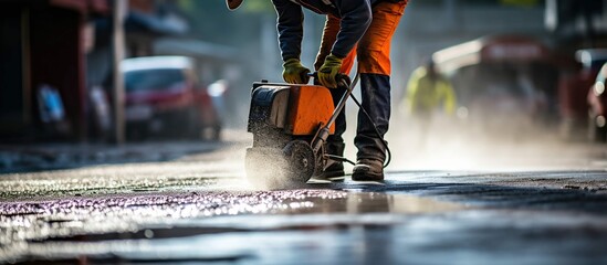 Concrete pavement progress by diligent worker