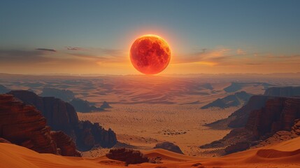 A lunar eclipse observed from a desert landscape, with the moon turning red - obrazy, fototapety, plakaty