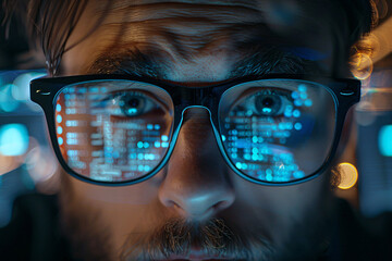 Man's eyes reflecting blue computer code through eyeglasses in dark ambiance