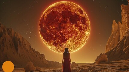 A lunar eclipse observed from a desert landscape, with the moon turning red - obrazy, fototapety, plakaty