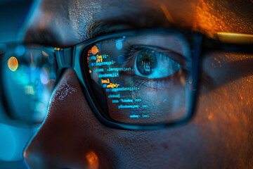 Close-up of a person's eye reflecting code on glasses against a blue background