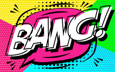 Bang pop art style color dotted background, reminiscent of classic comic book exclamations