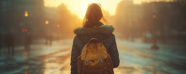 Woman facing the sunrise in city