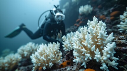 A marine biologist studying coral bleaching events in a reef ecosystem,Colorized image showing bleached coral colonies - obrazy, fototapety, plakaty
