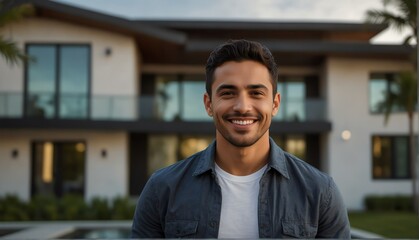 hispanic guy smiling looking at camera portrait with modern luxury house background from Generative AI