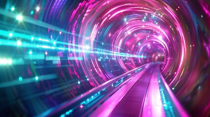 Futuristic abstract portal tunnel with vibrant neon waves and glare lights in pink, blue, and green. Dynamic data transfer concept in science style. High-speed motion illustration