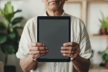Display mockup asian man in his 50s holding a tablet with a fully grey screen