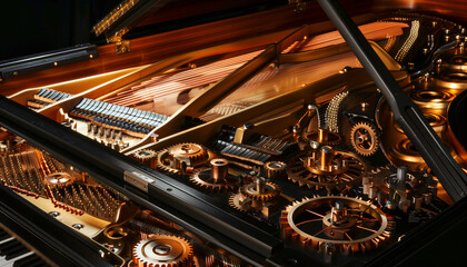 view of the inside of a hybrid between a machine and a classic piano, fantasy illustration, where...