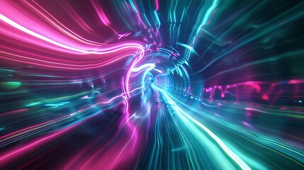 Futuristic abstract portal tunnel with vibrant neon waves and glare lights in pink, blue, and green. Dynamic data transfer concept in science style. High-speed motion illustration