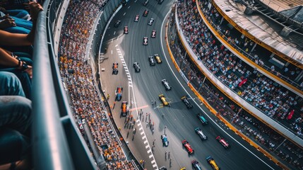 Aerial view of racing car driving car at race track surrounded with smart spectator cheering and...
