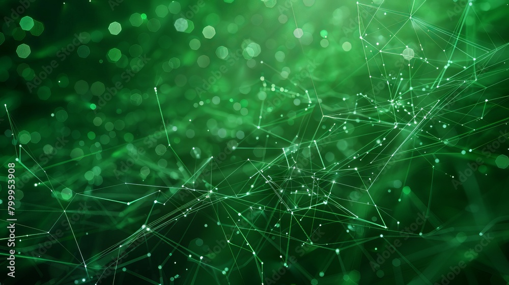 Poster vibrant green abstract background with dynamic lines and dots - big data, technology, and science co
