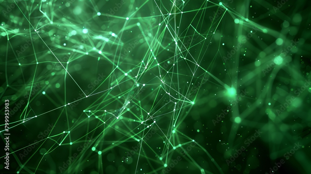 Poster vibrant green abstract background with dynamic lines and dots - big data, technology, and science co
