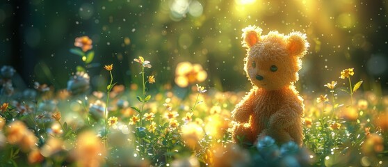 Teddy bear sitting in the meadow with flowers and sunlight. Banner with space for text