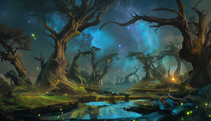 Fototapeta premium gnarled trees surrounded by fireflies in the middle of a marsh, under a colorful sky filled with stars