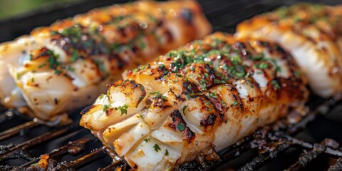 monkfish grilled on a grill barbecue.