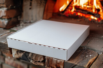 Closed pizza box on a wooden table by the fireside