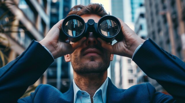 Close-up of a young businessman using binoculars in a city setting, with buildings reflected in lenses.