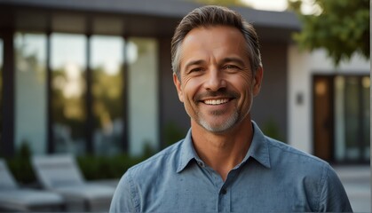 middleaged guy smiling looking at camera portrait with modern luxury house background from Generative AI