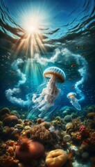 Fototapeta na wymiar Vibrant underwater scene with jellyfish and coral reef under sunlit water marine life and natural beauty themes.