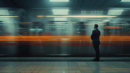 Businessman in a suit waiting on a platform as a motion-blurred train passes by.