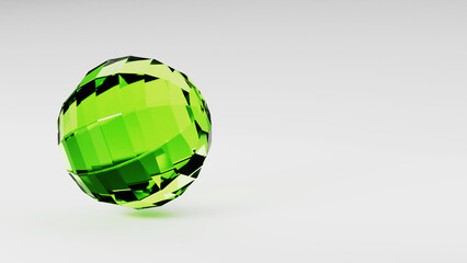 Fototapeta premium A green ball is swirling in circles on a white table, resembling a paperweight on a desk. It looks like a liquid inside a glass, with reflections like eyewear or sunglasses