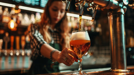 A female bartender pours beer from a tap into a glass at a warmly lit bar.