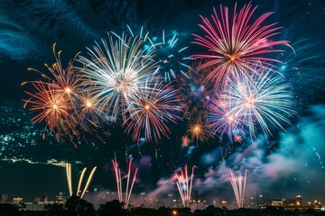 Vibrant Chicago skyline with multicolor fireworks festive, celebratory themes in ads and social media. High resolution and vivid colors enhance visual impact.