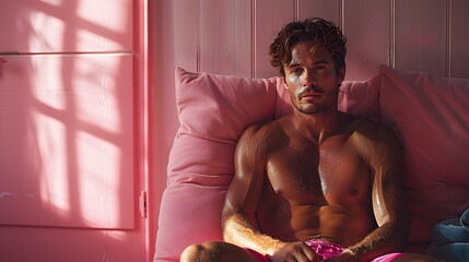 Portrait of an interesting man with a naked athletic torso on a pink background.