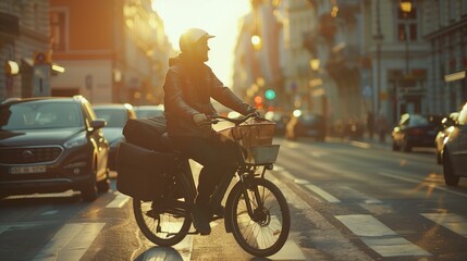 Delivery man on an electric bike riding through a sunlit urban street during sunrise.