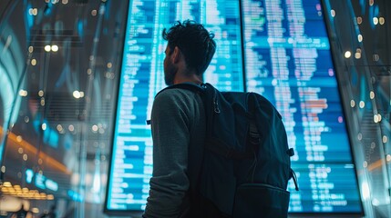 Fototapeta premium Solo Traveler Contemplating Airport Flight Schedule