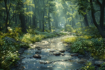 A babbling brook winding its way through a lush forest, with sunlight filtering through the canopy above.