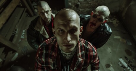 Obraz premium Three menacing men in a dark, gritty setting, one looking directly at the camera, showcasing intense, dramatic expressions.