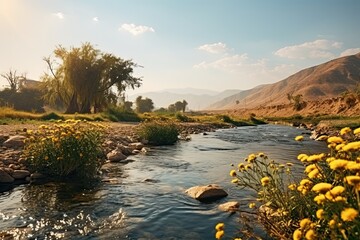 Landscape of Iraq. Beautiful landscape with a river flowing through it. The sky is clear and sunny, mountains in the background. Yellow flowers along the riverbank. - Powered by Adobe