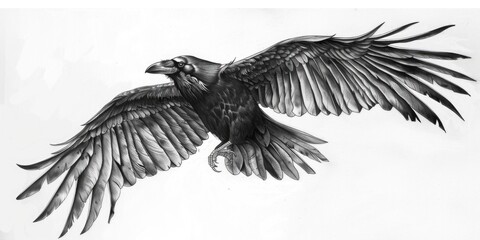 Fototapeta premium Wing Drawing. Raven Bird Artwork in Flight with Dark Tattoo Design