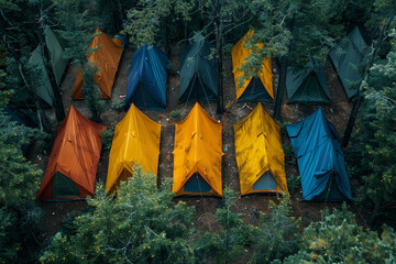 A bird's eye view of a tent city, with colorful tarps stretched between trees and laughter echoing through the forest.