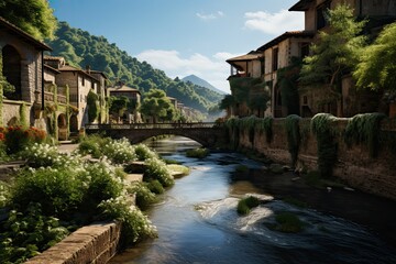 Fototapeta na wymiar Landscape of Italy. Small town with a river running through it. The houses are old and the bridge is made of stone. The river is calm and the water is clear. Generative AI Art. Beautiful view.