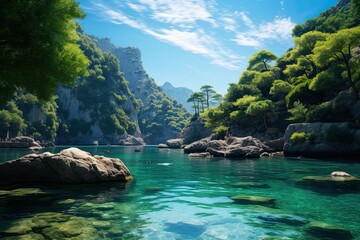 Nature of Italy. Beautiful lake surrounded by trees and mountains. The water is crystal clear and the sky is blue. Generative AI Art.