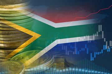 Stock market investment trading financial, coin and South Africa flag , finance business trend data.