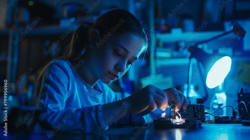 Sticker Young girl focusing intently on assembling electronics in a dark, blue-lit workshop.