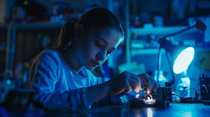 Young girl focusing intently on assembling electronics in a dark, blue-lit workshop.