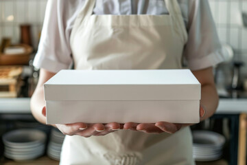 Chef holding a blank white pizza box in a kitchen