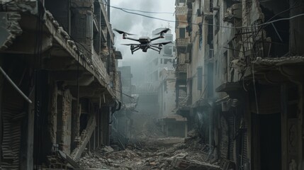 A drone operating in an urban warzone navigating amongst crumbling buildings and narrow alleyways
