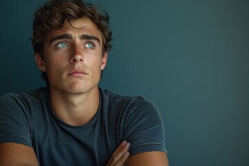 Fototapeta premium Concerned young man with arms crossed looking up